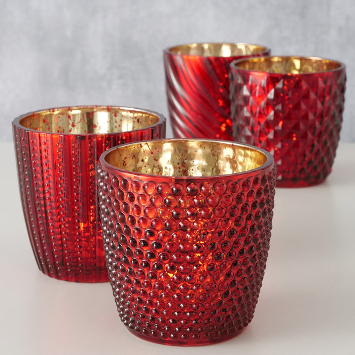 4´er Set Glas Teelichthalter Retro Rot Gold 9cm Teelichtglas Windlicht-Halter