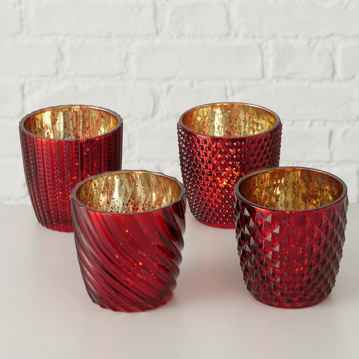 4´er Set Glas Teelichthalter Retro Rot Gold 9cm Teelichtglas Windlicht-Halter