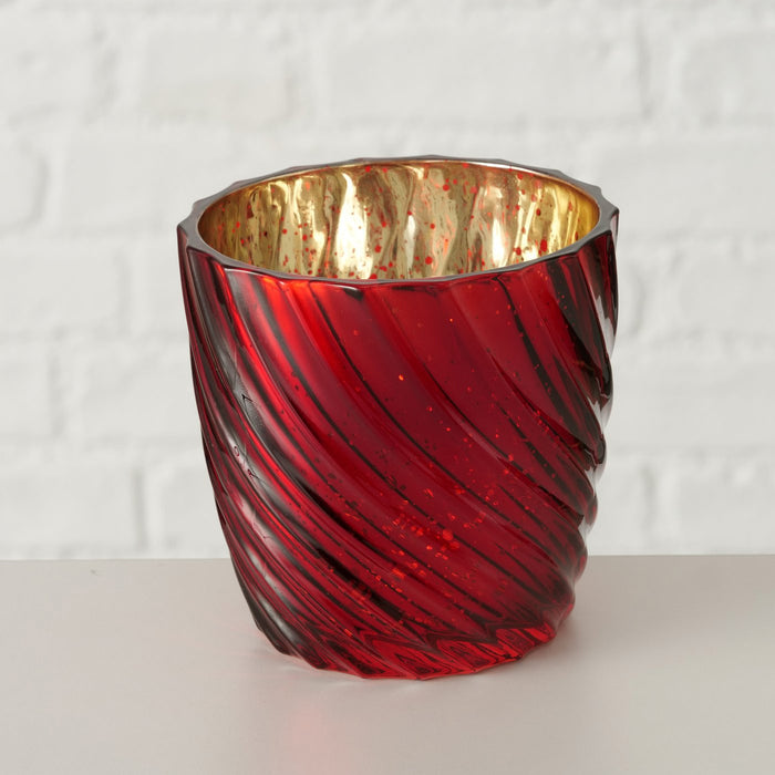 4´er Set Glas Teelichthalter Retro Rot Gold 9cm Teelichtglas Windlicht-Halter