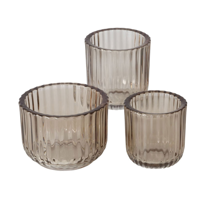 3er Set Teelichthalter Glas Retro Beige 7-9cm Teelichtglas Windlicht Kerzenhalter