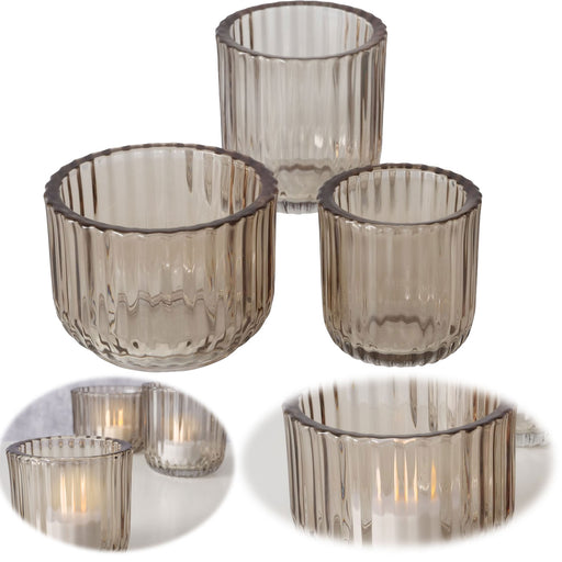 3er Set Teelichthalter Glas Retro Beige 7-9cm Teelichtglas Windlicht Kerzenhalter