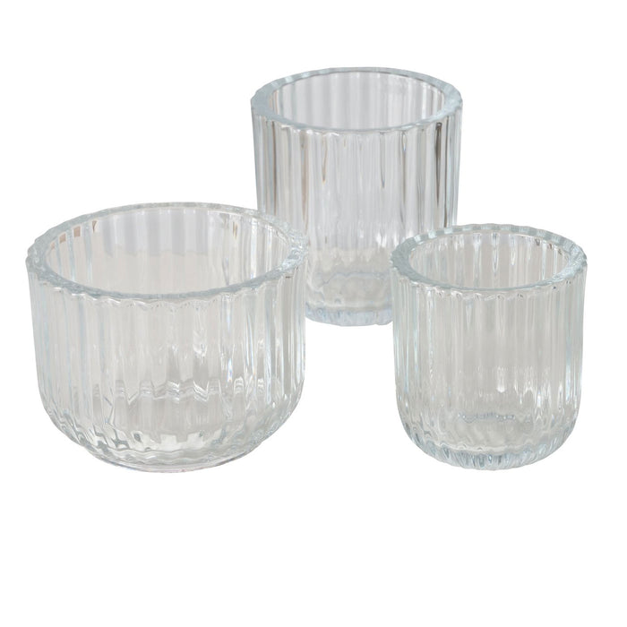 3er Set Teelichthalter Glas Retro Klar 7-9cm Teelichtglas Windlicht Kerzenhalter