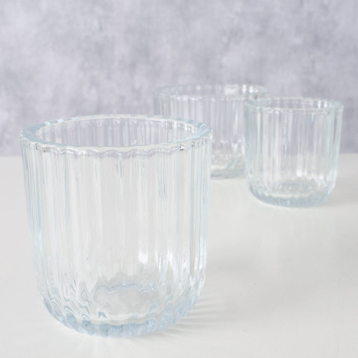 3er Set Teelichthalter Glas Retro Klar 7-9cm Teelichtglas Windlicht Kerzenhalter