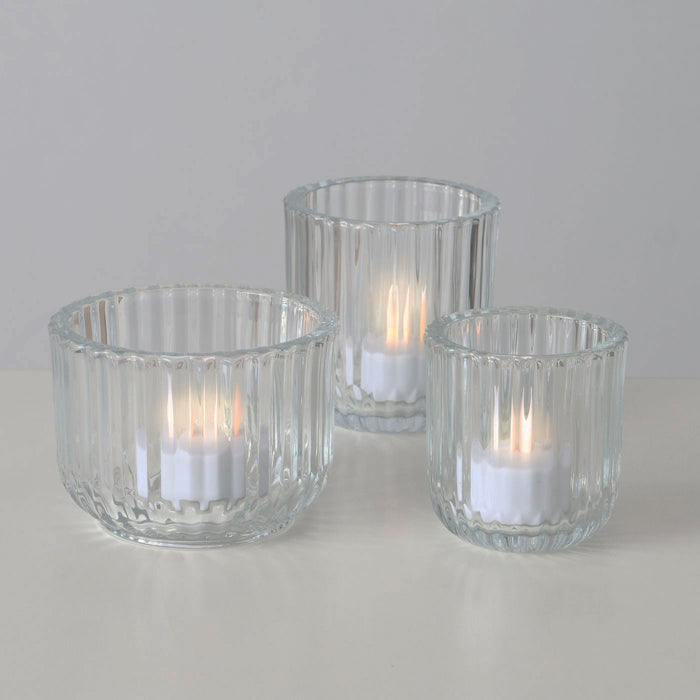 3er Set Teelichthalter Glas Retro Klar 7-9cm Teelichtglas Windlicht Kerzenhalter