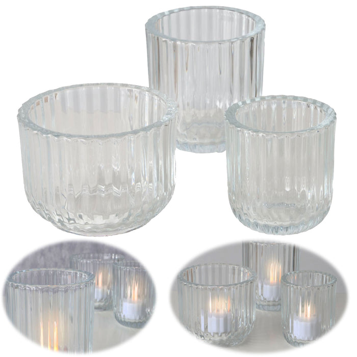 3er Set Teelichthalter Glas Retro Klar 7-9cm Teelichtglas Windlicht Kerzenhalter