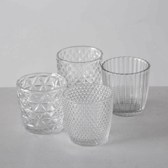 4´er Set Glas Teelichthalter Retro Weiß Klar 7cm Teelichtglas Windlicht-Halter