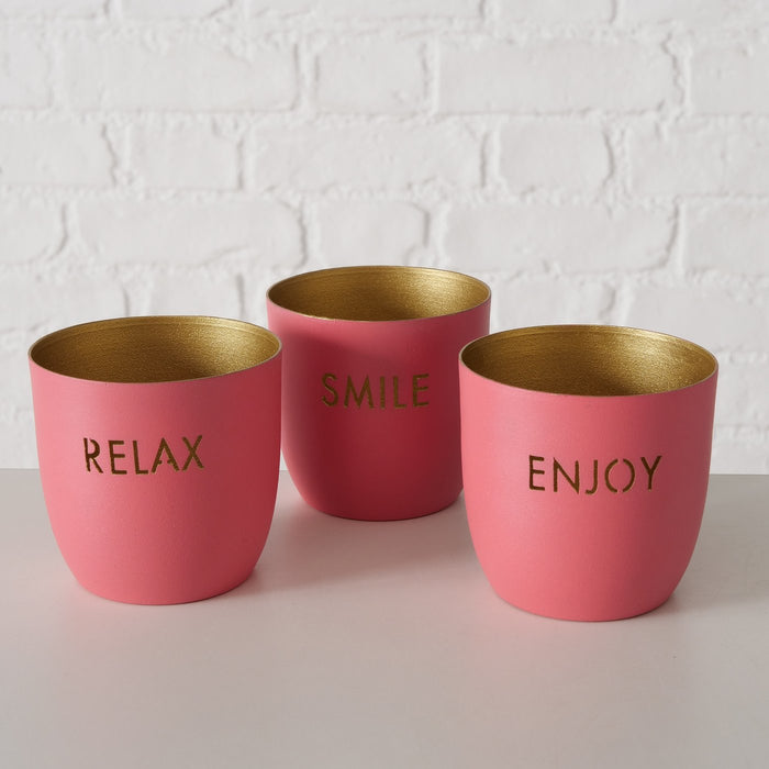 3x Metall Teelichthalter Relax Enjoy Smile Rosa Gold 7x7cm Set Windlichthalter