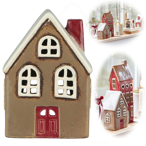 Teelichthaus Lichterhaus Nyhavn 15cm Braun Rot Keramik Fachwerkhaus Teelichthalter