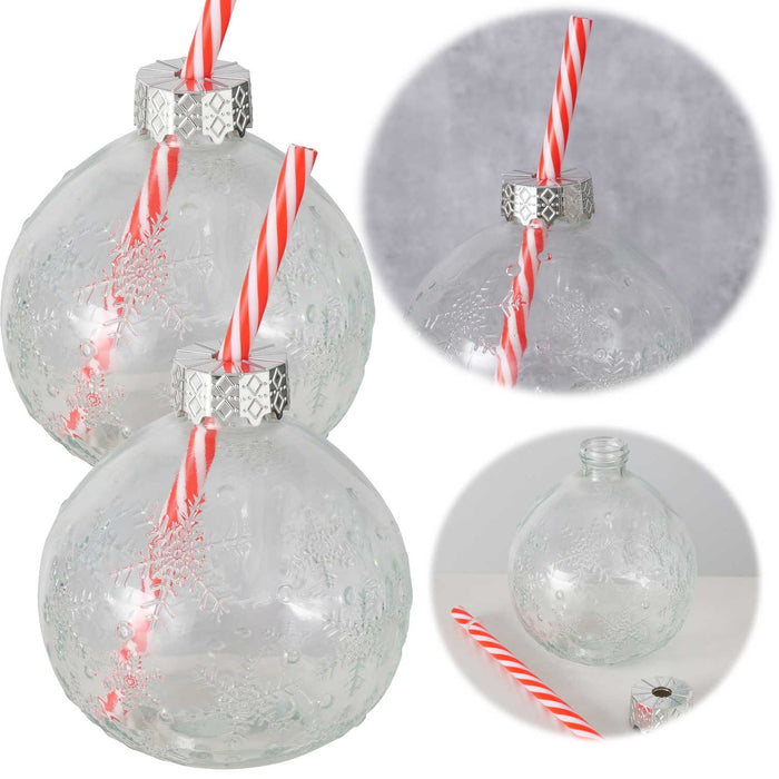 Trinkglas Partybecher Glas 10x10cm 2´er Set Weihnachtliches Dekor mit Strohhalm