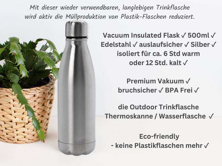 Edelstahl Vakuum Trinkflasche 500ml 0,5L Silber Thermosflasche Isolierflasche