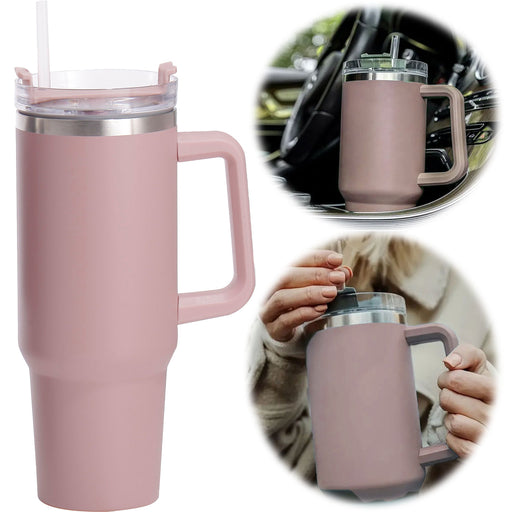 XL Edelstahl Trinkbecher Rosa 1200ml mit Griff Vakuum Kaffeebecher Coffee to Go