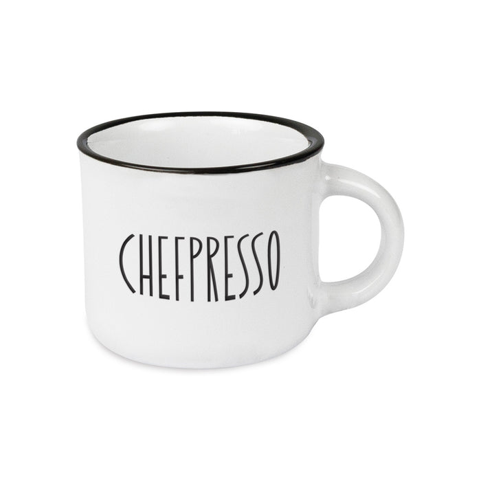 Vintage Espresso-Tasse 95ml Keramik "Chefpresso" Weiß Emaille-Look mit Spruch