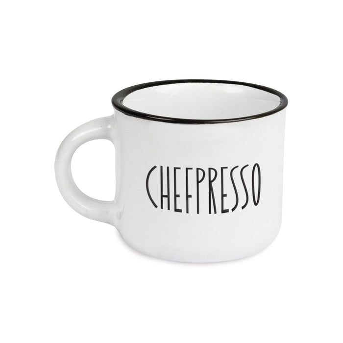 Vintage Espresso-Tasse 95ml Keramik "Chefpresso" Weiß Emaille-Look mit Spruch