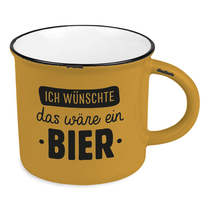 Vintage Kaffeebecher 400ml Keramik "wünschte ein Bier" Blau Emaille-Look Kaffeetasse