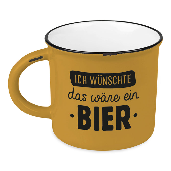 Vintage Kaffeebecher 400ml Keramik "wünschte ein Bier" Blau Emaille-Look Kaffeetasse