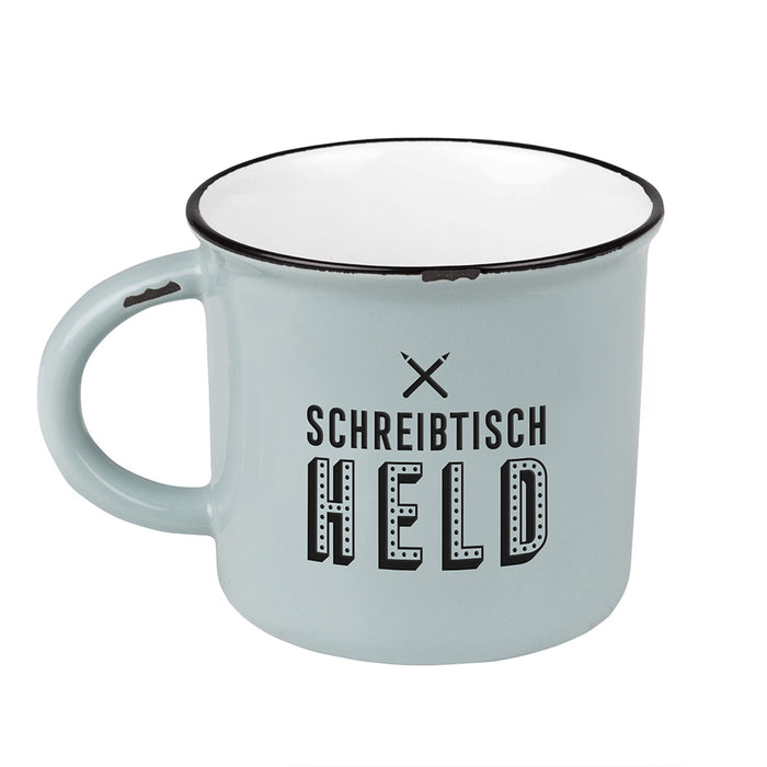 Vintage Kaffeebecher 400ml Keramik "Schreitischheld" Emaille-Look Kaffeetasse