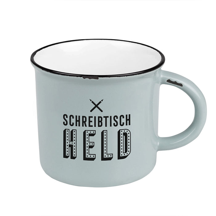 Vintage Kaffeebecher 400ml Keramik "Schreitischheld" Emaille-Look Kaffeetasse