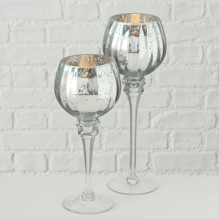 Exklusives XL Glas Windlicht 2-fach 25/30cm Silber Teelichthalter Kerzenständer