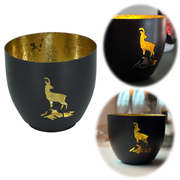 XL Metall Teelichthalter Steinbock 9cm Schwarz Gold Votiv Kerzenhalter Windlicht