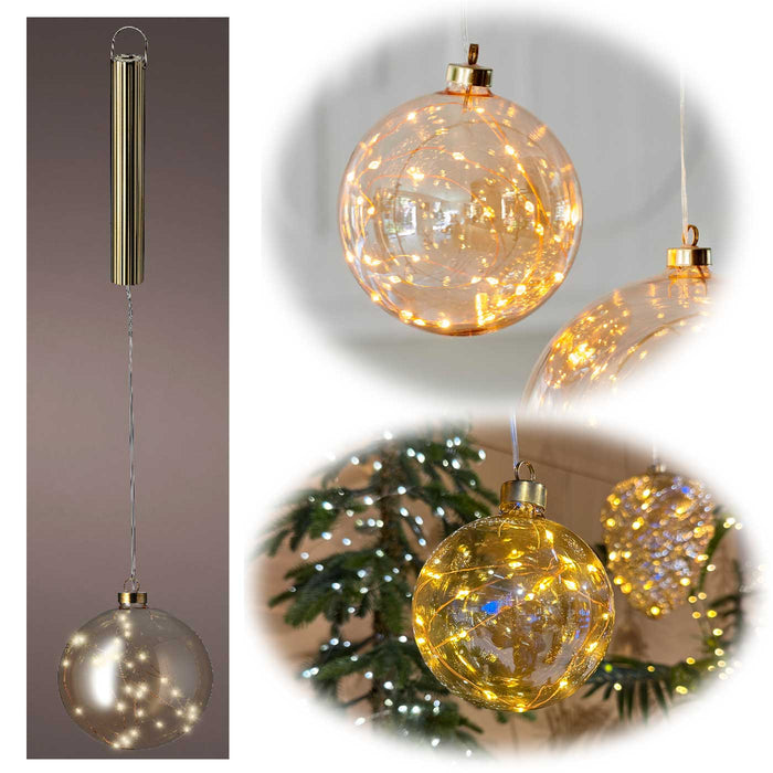 XL Deko Glas Licht-Kugel 30 LED 14cm Timer Batterie-Fach Gold zum Anhängen