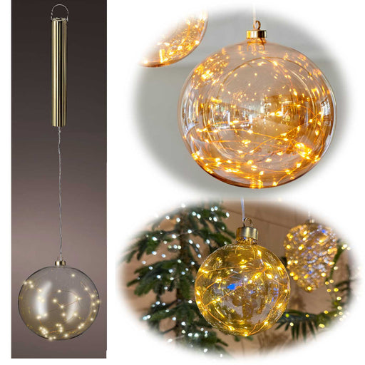 XXL Deko Glas Licht-Kugel 40 LED 20cm Timer Batterie-Fach Gold zum Anhängen