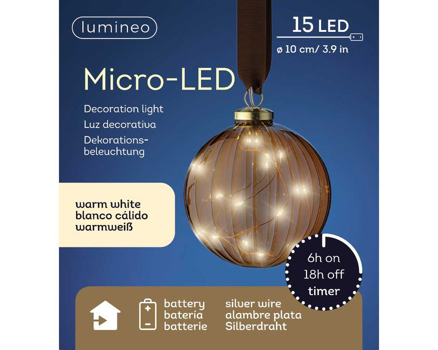 XL Deko Glas Lichtkugel 15LED 10cm Gold Braun Glaskugel Timer Batterie Anhängen