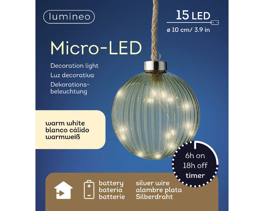 XL Deko Glas Lichtkugel 15LED 10cm Grün Silber Glaskugel Timer Batterie Anhängen