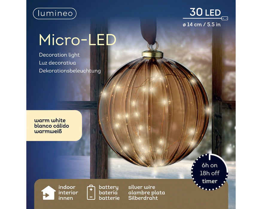 XL Deko Glas Lichtkugel 30LED 14cm Gold Braun Glaskugel Timer Batterie Anhängen