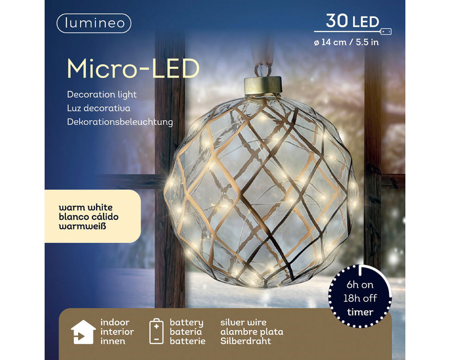 XL Deko Glas Lichtkugel 30LED 14cm Gold Klar Glaskugel Timer Batterie Anhängen