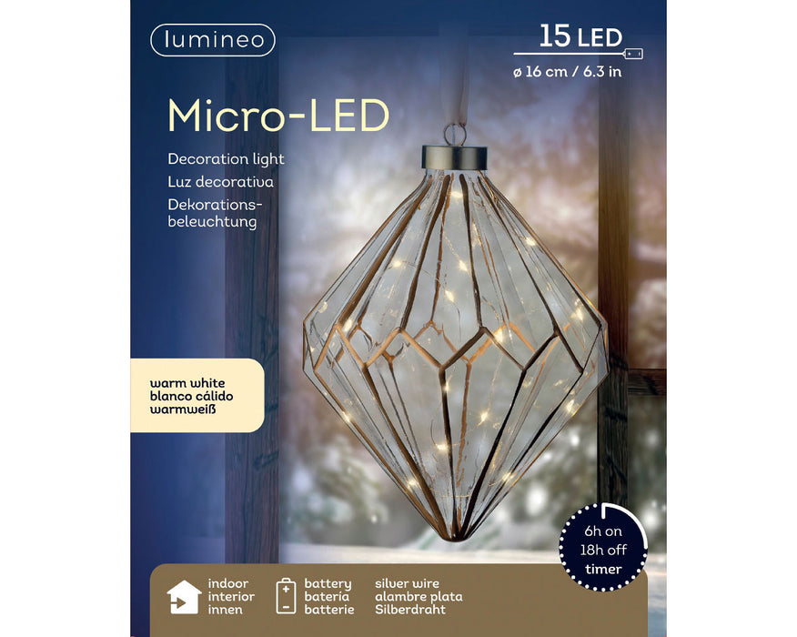 XL Deko Glas Lichtkugel 15 LED 16cm Diamant Timer Batterie Gold zum Anhängen