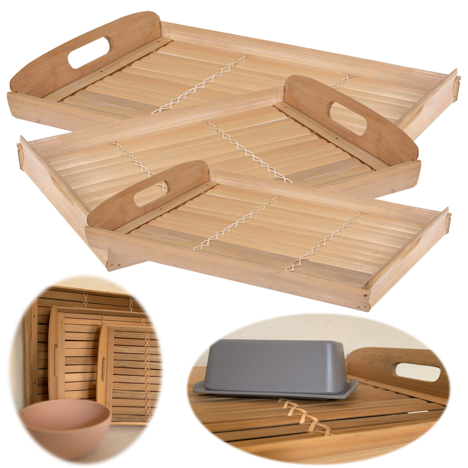 3x Holz-Tablett LS-LebenStil Natur | Set Serviertablett Braun Bambus Deko-Tablett
