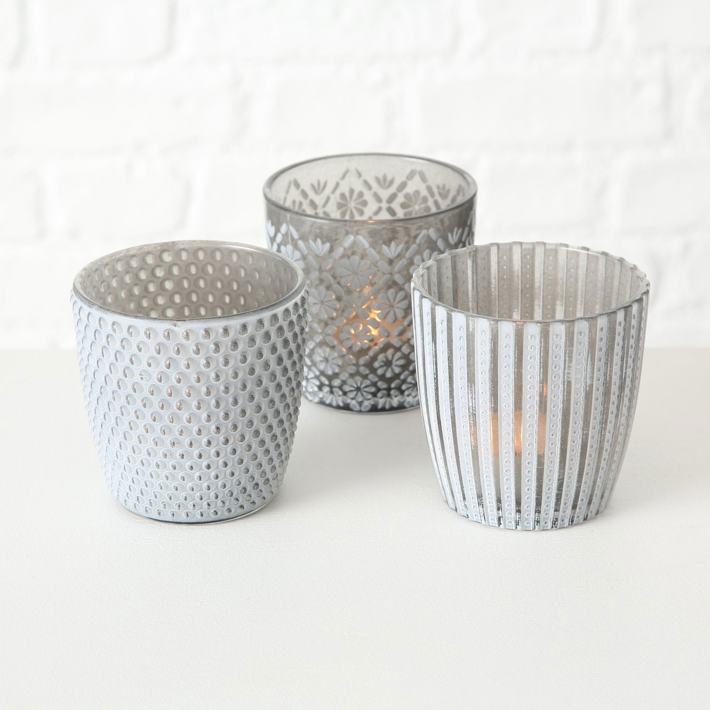 6x Glas Teelichthalter | Windlicht-Halter Grau 7-9cm LS-LebenStil Kerzenständer Set Retro