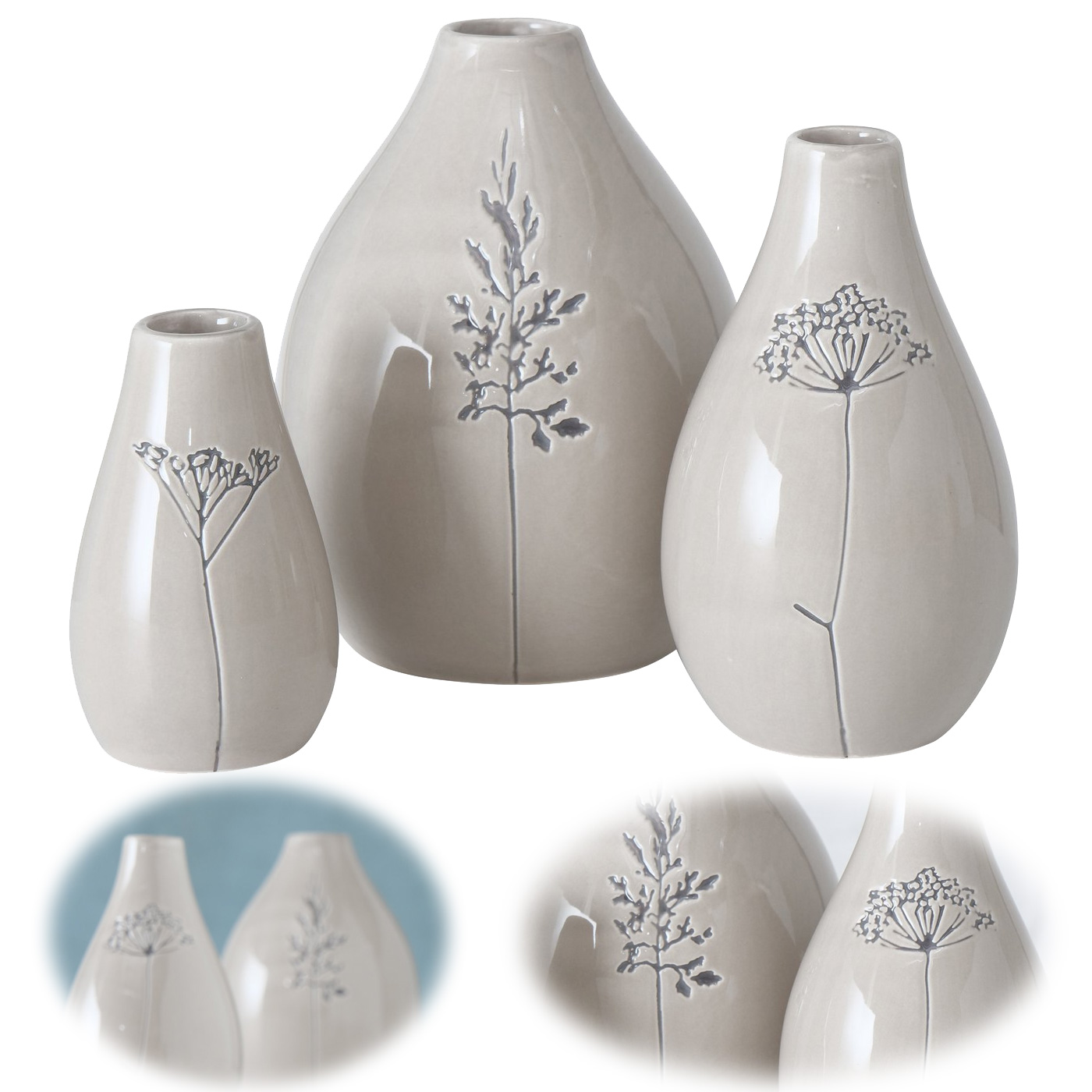 | Gräser 3x Blumenvase 12-8cm Tisch-Deko LS-LebenStil Set Grau Keramik Tischvase