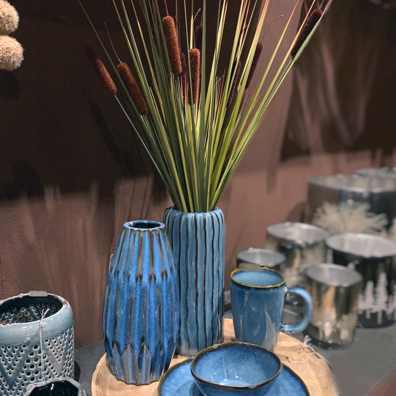 Design Blumenvase Set Blau | 3´er Tischvase Tisch-Deko Keramik 15x10cm LS-LebenStil Aquarel