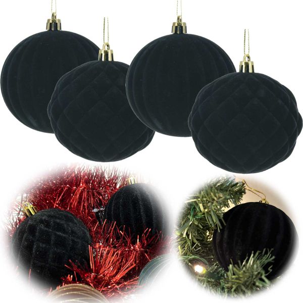 | Schwarz Kunststoff Samt Weihnachtskugeln Design 4 Deko 8cm Baumkugel LS-LebenStil