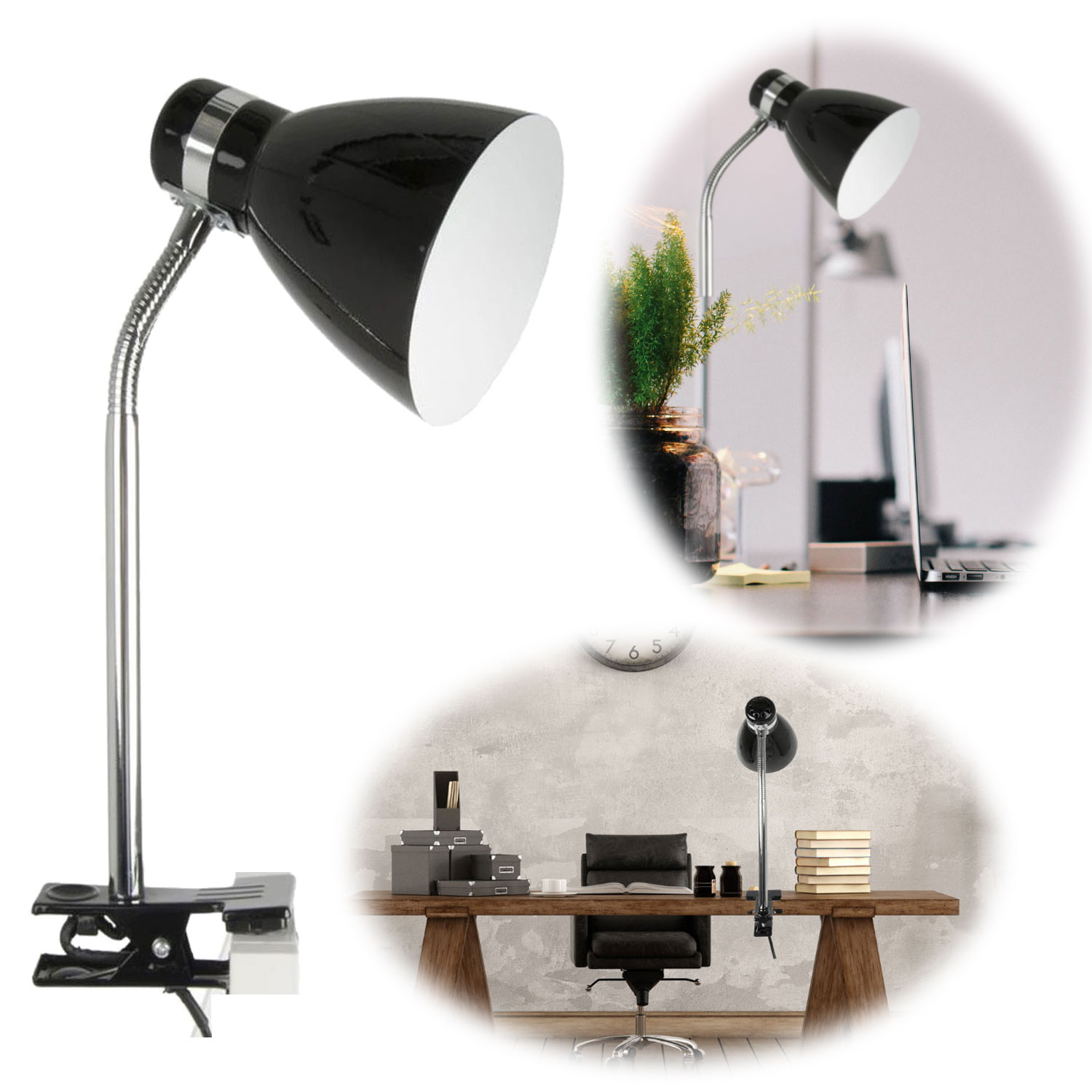 Elegante LED Klemmlampe List Schwarz Schreibtischlampe E27 LS-LebenStil | 39cm Clip-On Tischlampe