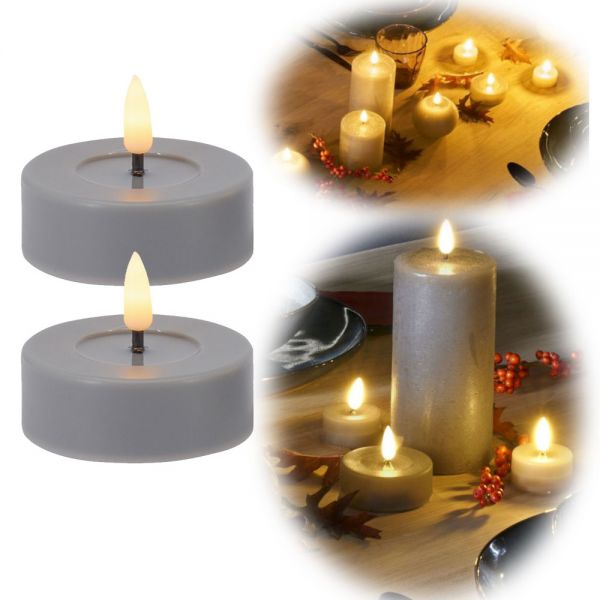 2x LED 3D Teelichter Ribe Grau 4,5x2,5cm Echtwachs-Spiegel flackernde flammenlose Kerze