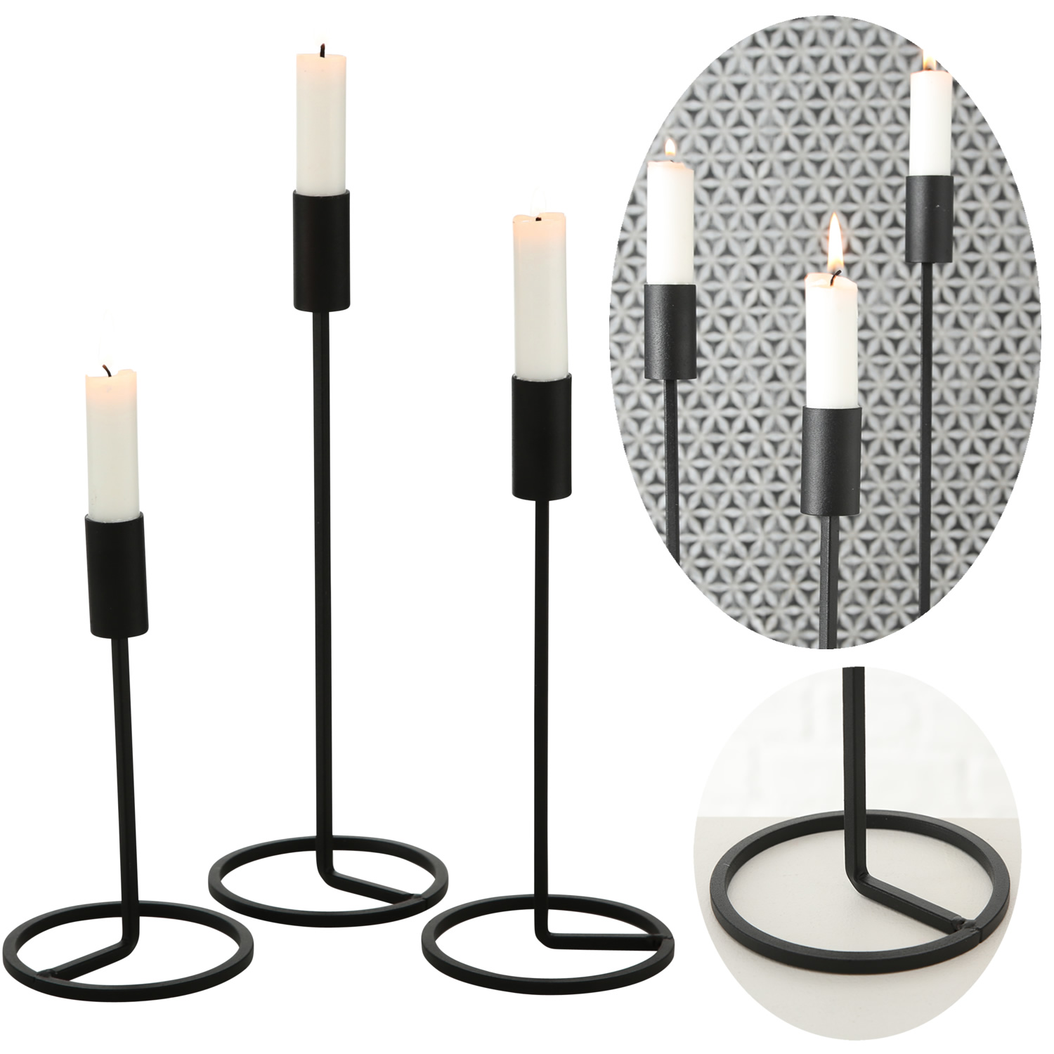 Kerzenleuchter Set LS-LebenStil Kerzenhalter Metall Stabkerzenhalter | Schwarz 3x Kerzenständer