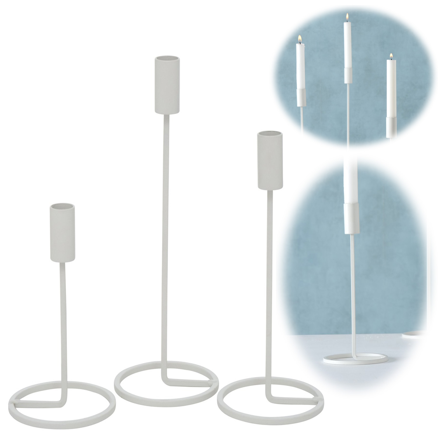 3x Kerzenständer Weiß LS-LebenStil Stabkerzenhalter Metall Kerzenhalter | Set Kerzenleuchter