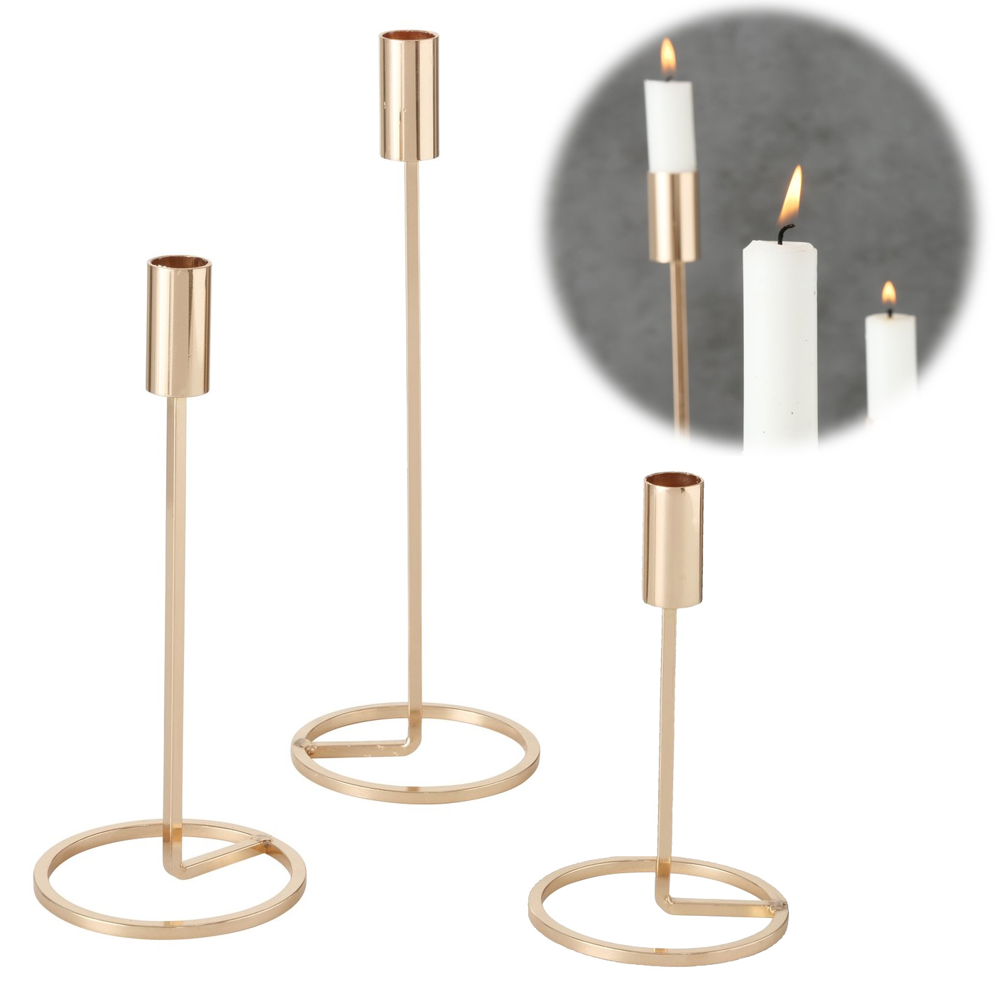 3x Kerzenständer Gold Metall Set Kerzenhalter | Stabkerzenhalter Kerzenleuchter LS-LebenStil