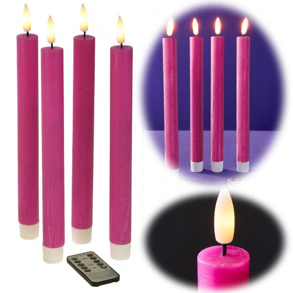 LED 3D Stabkerzen 4´er Set Pink 24cm mit Timer Fernbedienung flackernde Kerze