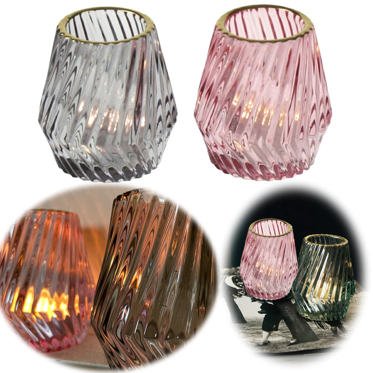 | LS-LebenStil Gold Glas 9cm Grau Teelichthalter Rosa Teelichtglas 2x Relief Windlicht-Halter