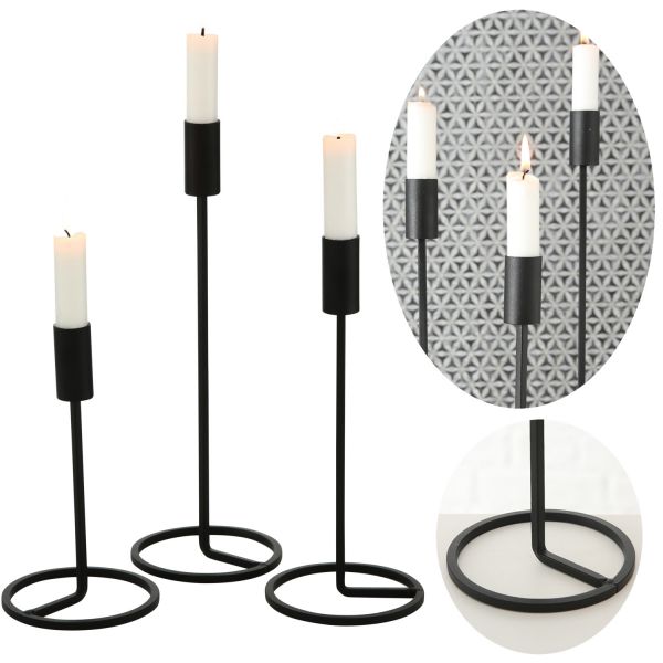 Set 3x Kerzenständer Kerzenhalter Schwarz Kerzenleuchter LS-LebenStil | Metall Stabkerzenhalter