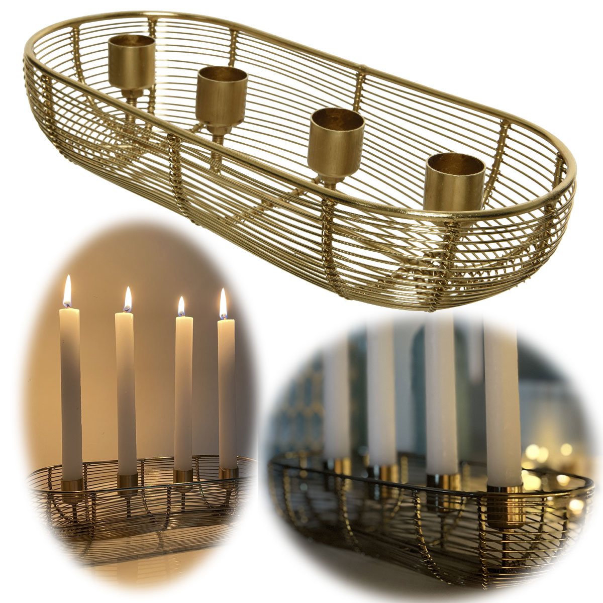 Kerzenständer 28cm Gold 4-fach Stabkerzen Kerzenleiste LS-LebenStil | Kerzenhalter Kerzentablett