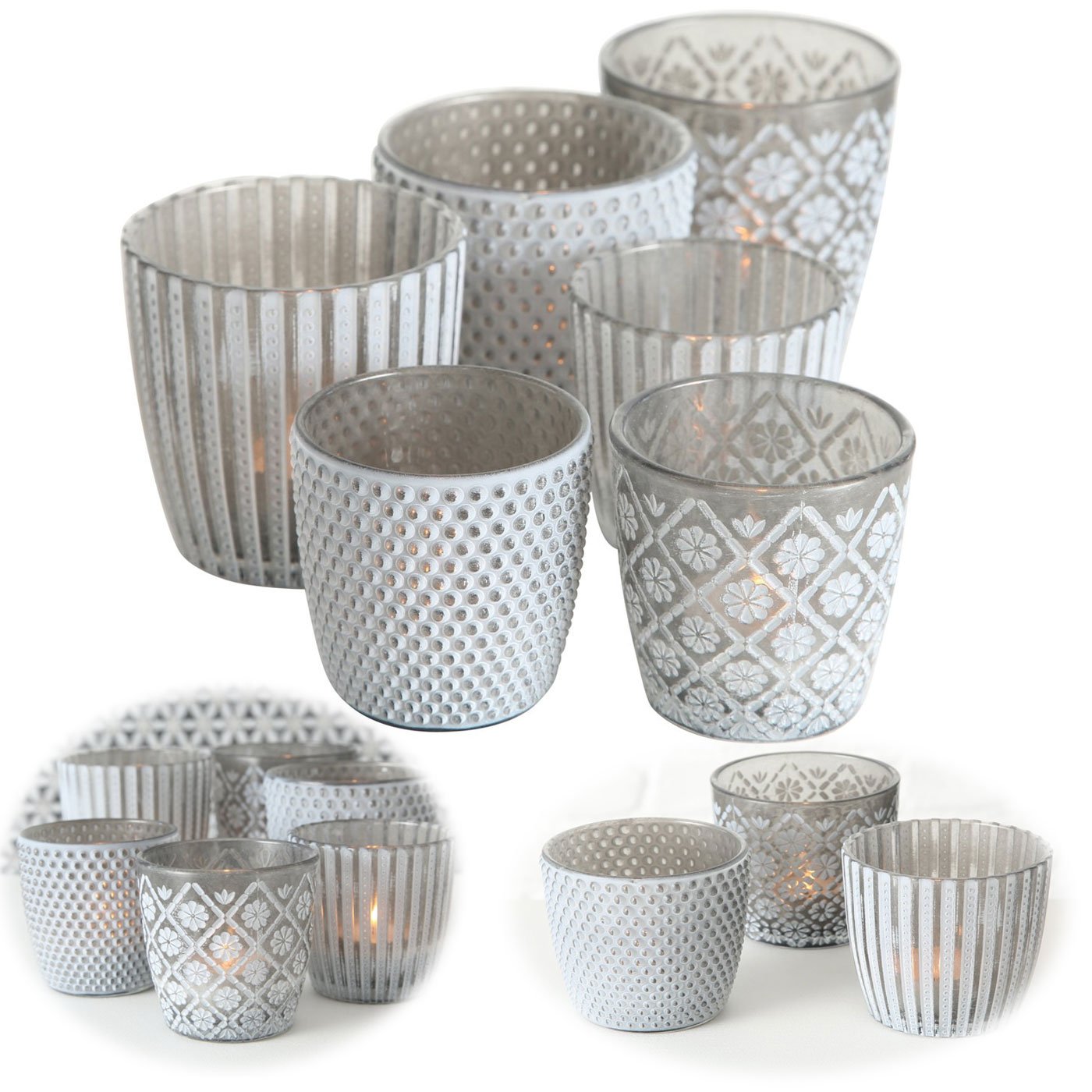 6x Glas Teelichthalter Retro Grau 7-9cm Set Windlicht-Halter Kerzenständer  | LS-LebenStil