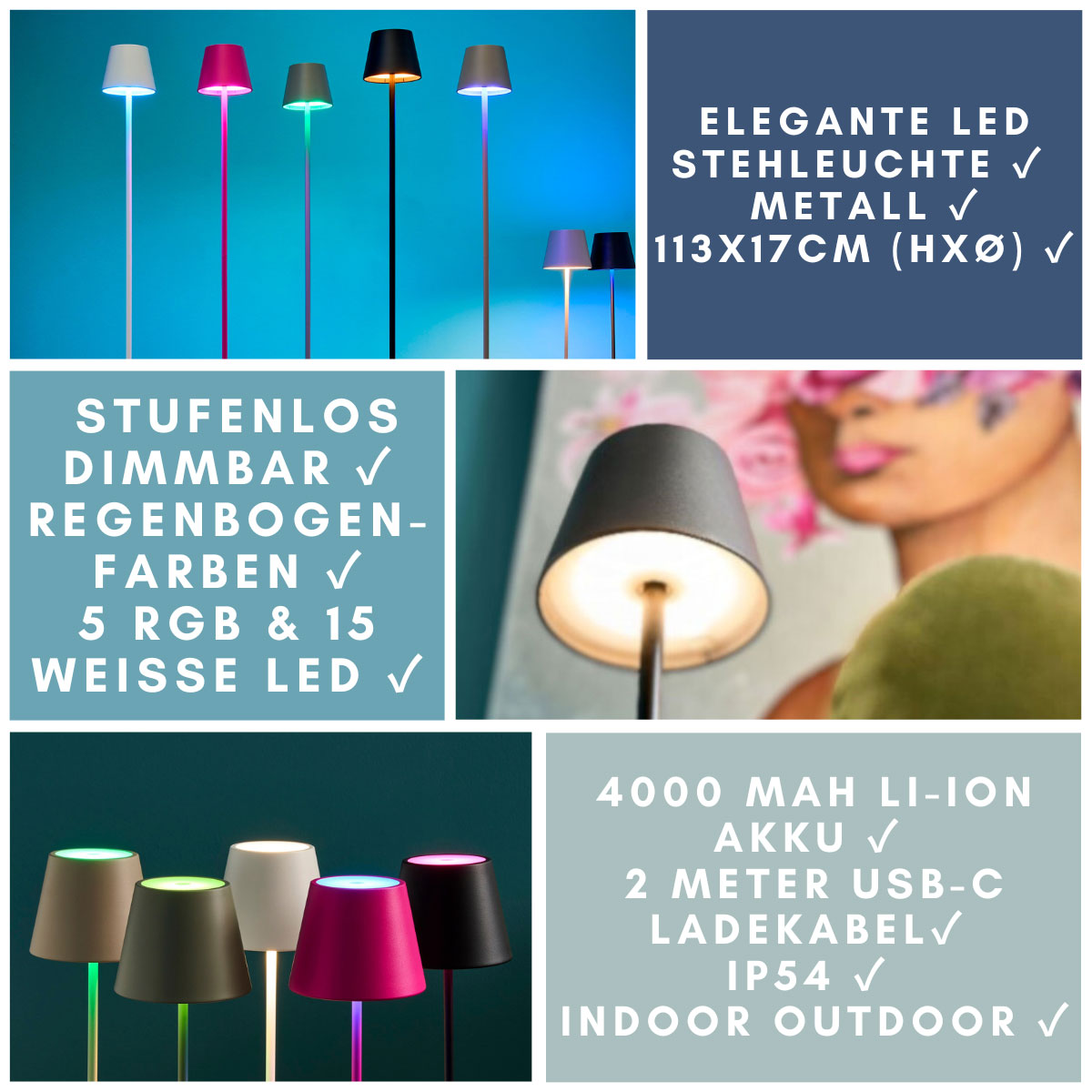 RGB Touch LS-LebenStil Outdoor Schwarz Stehleuchte Stehlampe LED | kabellos Ribe 113cm Dimmer