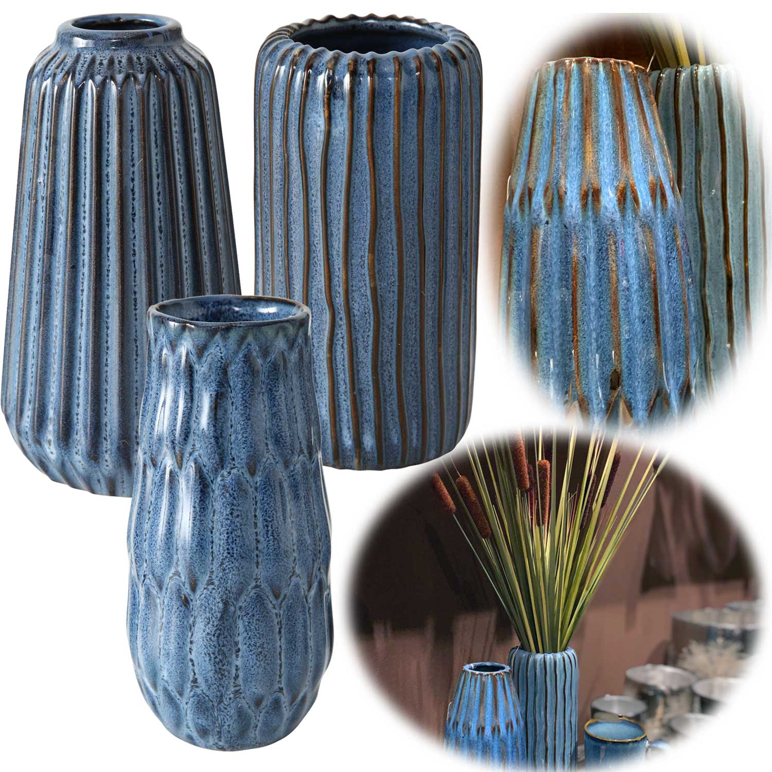 Tischvase Set | Keramik Design Tisch-Deko LS-LebenStil 15x10cm 3´er Aquarel Blumenvase Blau